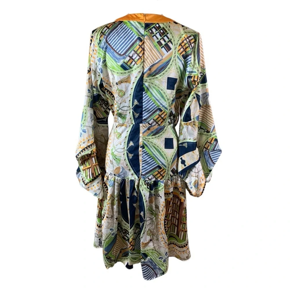 L’Atiste Boho Kimono Sleeve Satin Trim Abstract Print Mini Dress Flowy Large - Picture 3 of 5